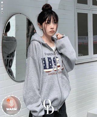 Sayoha Two-zip Vintage Lettering Stars and Stripes Printed A-line Loose Fit Fleece Big Hooded Zip-up