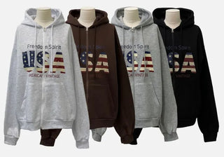 Sayoha Two-zip Vintage Lettering Stars and Stripes Printed A-line Loose Fit Fleece Big Hooded Zip-up