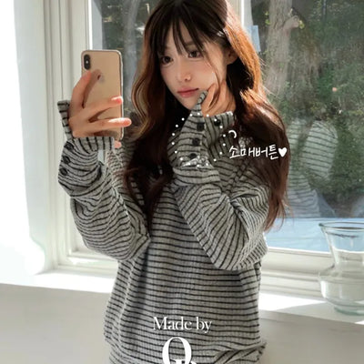 Soft Ruet Loose Fit Vintage Stripe Long Sleeve Shibori V-Neck Knit