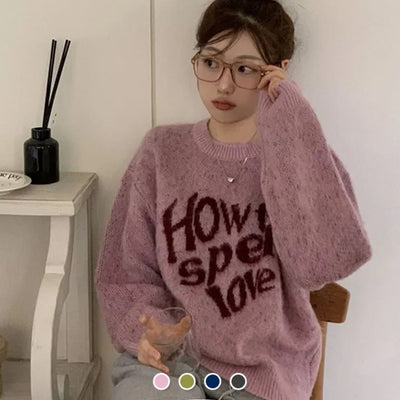 Innerble Yeri Loose Fit Color Block Lettering Brush Round Neck Hairy Knit