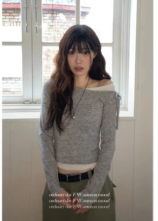 Mio color blocking ribbon one-shoulder knit in