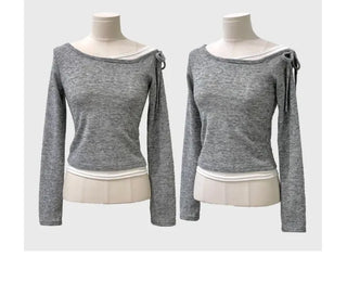 Mio color blocking ribbon one-shoulder knit in
