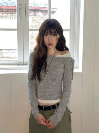 Mio color blocking ribbon one-shoulder knit in
