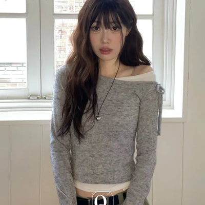 Mio color blocking ribbon one-shoulder knit in