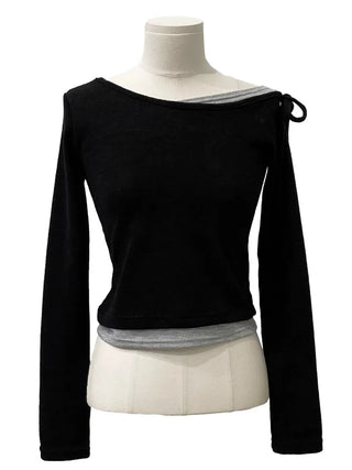 Mio color blocking ribbon one-shoulder knit in