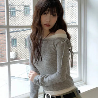 Mio color blocking ribbon one-shoulder knit in