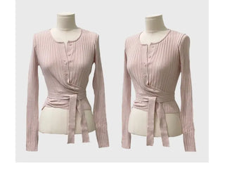 River Ribbon Wrap Button Golji Knit Cardigan