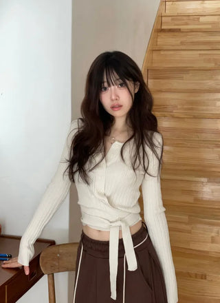 River Ribbon Wrap Button Golji Knit Cardigan