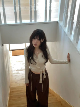 River Ribbon Wrap Button Golji Knit Cardigan