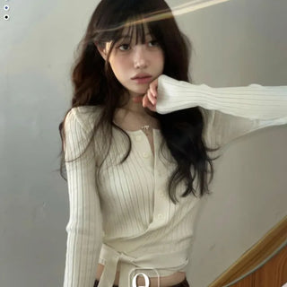 River Ribbon Wrap Button Golji Knit Cardigan