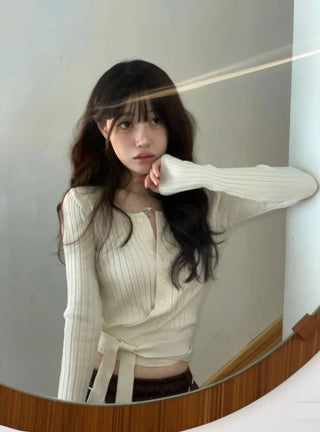 River Ribbon Wrap Button Golji Knit Cardigan