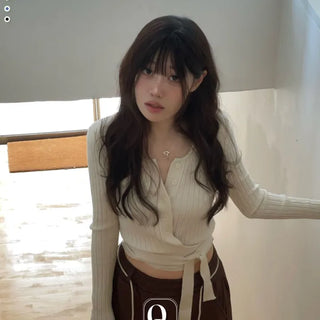 River Ribbon Wrap Button Golji Knit Cardigan