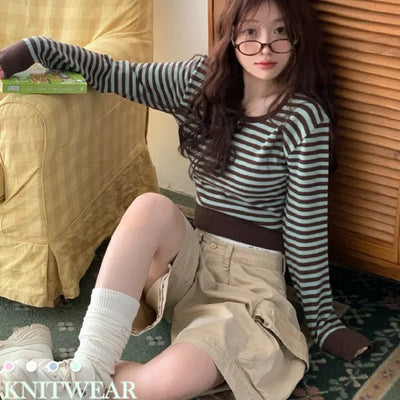Mint chocolate color stripe slim fit long sleeve round neck knit