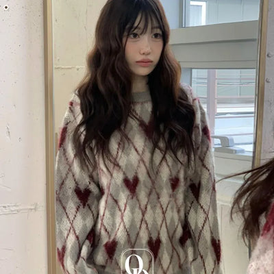 Gracie Vintage Two-tone Heart Argyle Brush Hairy Loose Fit Long Knit