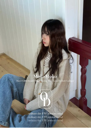 Mokomoko Haji Cable Hood Toggle Button Twisted Loose Fit Knit Cardigan