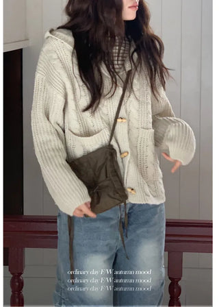 Mokomoko Haji Cable Hood Toggle Button Twisted Loose Fit Knit Cardigan