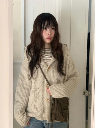 Mokomoko Haji Cable Hood Toggle Button Twisted Loose Fit Knit Cardigan