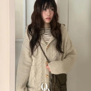 Mokomoko Haji Cable Hood Toggle Button Twisted Loose Fit Knit Cardigan
