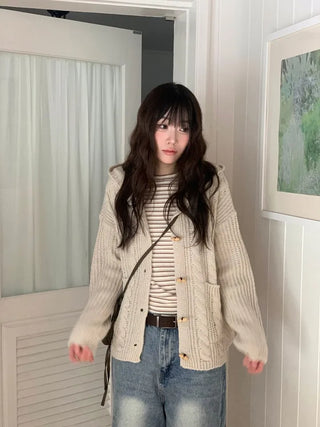 Mokomoko Haji Cable Hood Toggle Button Twisted Loose Fit Knit Cardigan