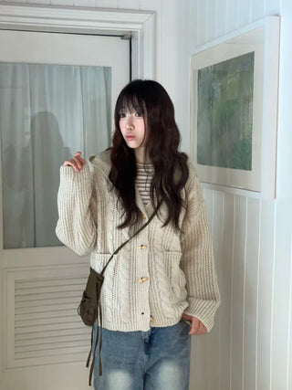 Mokomoko Haji Cable Hood Toggle Button Twisted Loose Fit Knit Cardigan