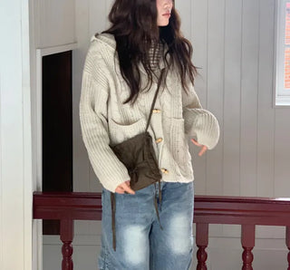 Mokomoko Haji Cable Hood Toggle Button Twisted Loose Fit Knit Cardigan