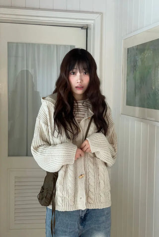 Mokomoko Haji Cable Hood Toggle Button Twisted Loose Fit Knit Cardigan