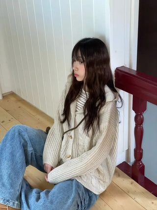 Mokomoko Haji Cable Hood Toggle Button Twisted Loose Fit Knit Cardigan