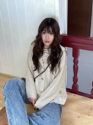 Mokomoko Haji Cable Hood Toggle Button Twisted Loose Fit Knit Cardigan