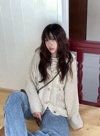 Mokomoko Haji Cable Hood Toggle Button Twisted Loose Fit Knit Cardigan