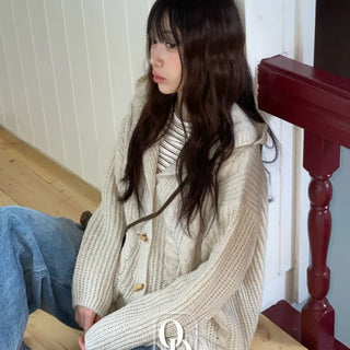 Mokomoko Haji Cable Hood Toggle Button Twisted Loose Fit Knit Cardigan