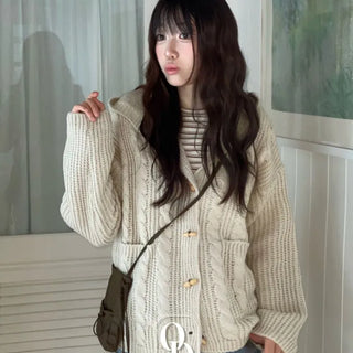 Mokomoko Haji Cable Hood Toggle Button Twisted Loose Fit Knit Cardigan