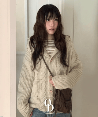 Mokomoko Haji Cable Hood Toggle Button Twisted Loose Fit Knit Cardigan