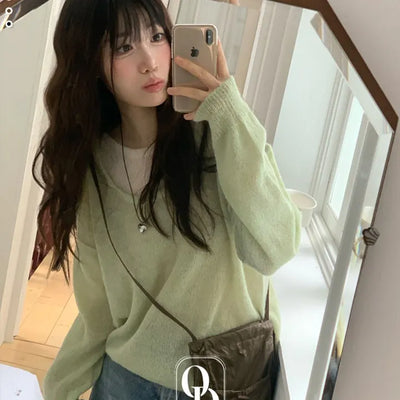 Aori layered color combination cozy alpaca long sleeve feminine fit wool knit