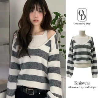 Moirin sleeveless layered color-block striped loose-fit V-neck knit