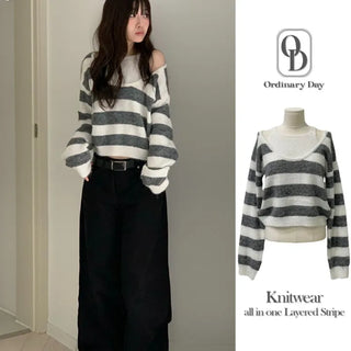 Moirin sleeveless layered color-block striped loose-fit V-neck knit