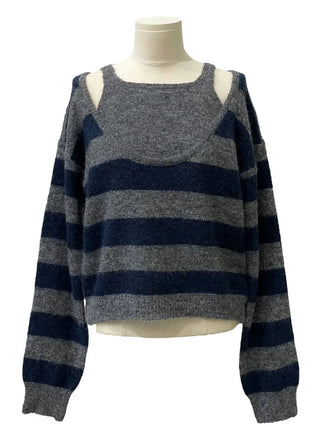 Moirin sleeveless layered color-block striped loose-fit V-neck knit