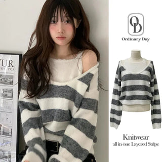 Moirin sleeveless layered color-block striped loose-fit V-neck knit