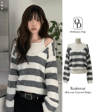 Moirin sleeveless layered color-block striped loose-fit V-neck knit