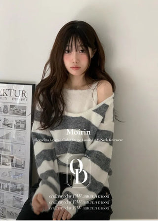 Moirin sleeveless layered color-block striped loose-fit V-neck knit