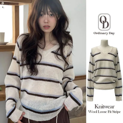 Lure vintage color block stripe V-neck avant loose fit long sleeve wool knit