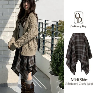 Rosalie back banding check unbalanced midi skirt