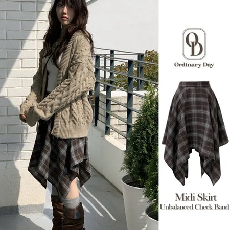 Rosalie back banding check unbalanced midi skirt