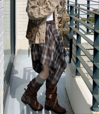 Rosalie back banding check unbalanced midi skirt