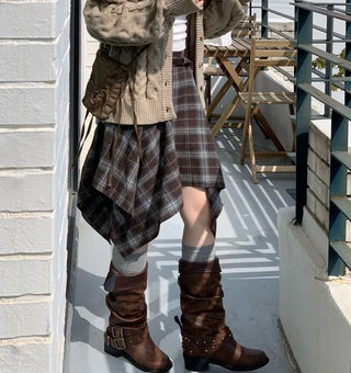 Rosalie back banding check unbalanced midi skirt