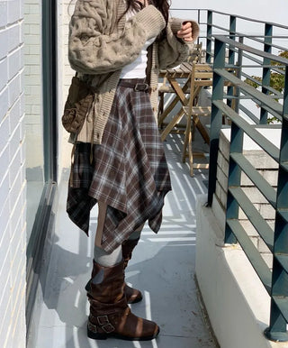 Rosalie back banding check unbalanced midi skirt