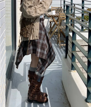 Rosalie back banding check unbalanced midi skirt