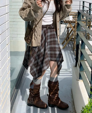 Rosalie back banding check unbalanced midi skirt