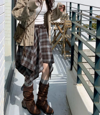 Rosalie back banding check unbalanced midi skirt