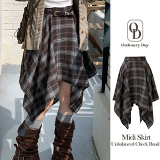 Rosalie back banding check unbalanced midi skirt