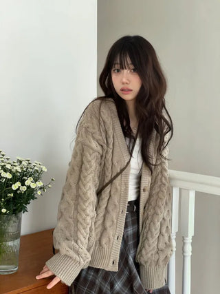 Misty loose fit thick twisted cable button V-neck loose fit knit long cardigan CD